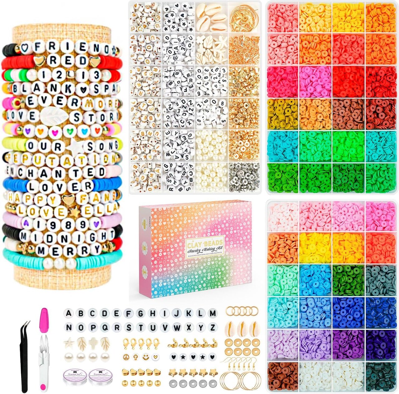 14,000pcs 48 Colors Bracelet Making Kit Clay Beads with Number Letter Bead Set Concert Merch Arts and Crafts Gifts